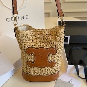 Celine Natural Straw Triomphe Leather Trim Bucket Crossbody Bag